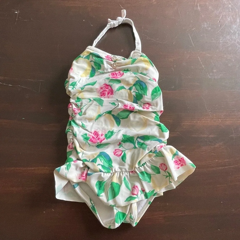 Janie and Jack Girls Size 3 Lemon Rose‎ Floral Ruffle One Piece Halter Swimsuit